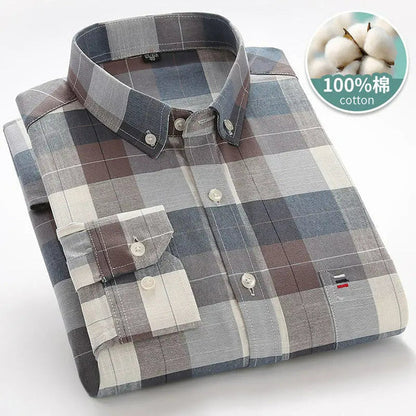 Men's Plaid Shirt 100% Pure Cotton Oxford Long Sleeve Spring Casual Striped Solid