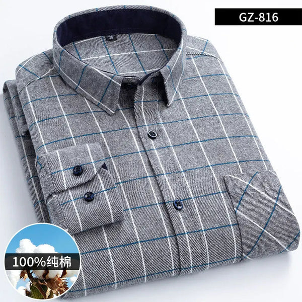 Men's Fashion 100% Cotton Thick Brushed Flannel Shirts Single Patch Pocket Long Sleeve